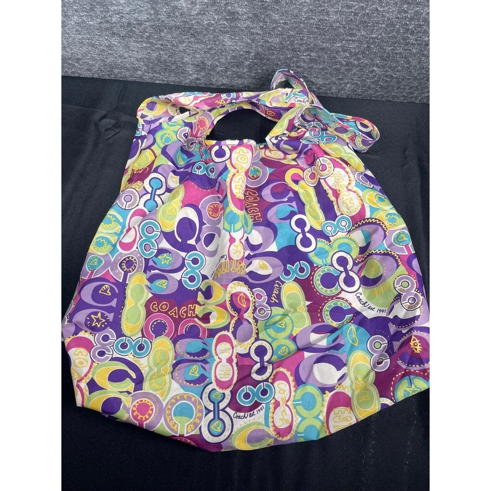 Coach Est 1941 Packable Tote Bag Multicolor Graffiti Logo Print Nylon Shopper